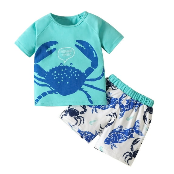 Outfit Boy Toddler Kids Boy Summer Outfits Cartoon Animal Prints T Shirt Tops and Shorts Set Baby Boy Summer Clothes Blue 12 Months-18 Months