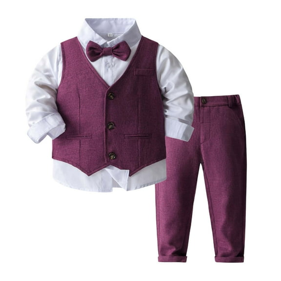 Outfit Boy Toddler Kids Boys Solid 4 Piece Suit Set Shirt + Vest + Dress Pants + Bow Tie Breathable Lightweight Toddler Boy Outfits Purple 3 Years-4 Years
