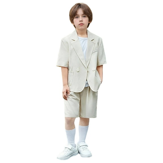 Outfit Boy Toddler Kids Boys Solid Short Sleeve Suit Set Summer Breathable Lightweight Jacket with Shorts Causal Formal Wedding Outfit Baby Outfits Beige 4 Years-5 Years