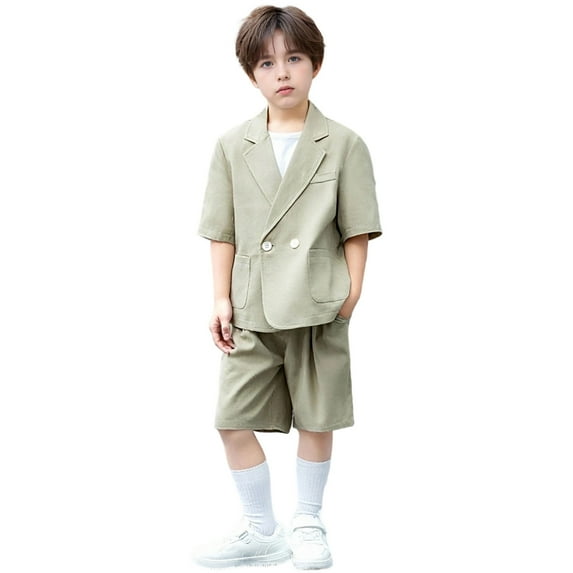 Outfit Boy Toddler Kids Boys Solid Short Sleeve Suit Set Summer Breathable Lightweight Jacket with Shorts Causal Formal Wedding Outfit Boys Summer Outfits Khaki 4 Years-5 Years