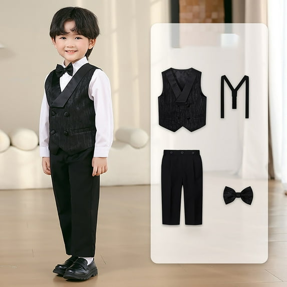 Outfit Boy Toddler Kids Boys Solid Suits 4 Piece Outfit Tuxedo Set Formal Suit Vest and Pants Bowtie Strap Suspender Set Boys Summer Outfits Black 12 Months-18 Months