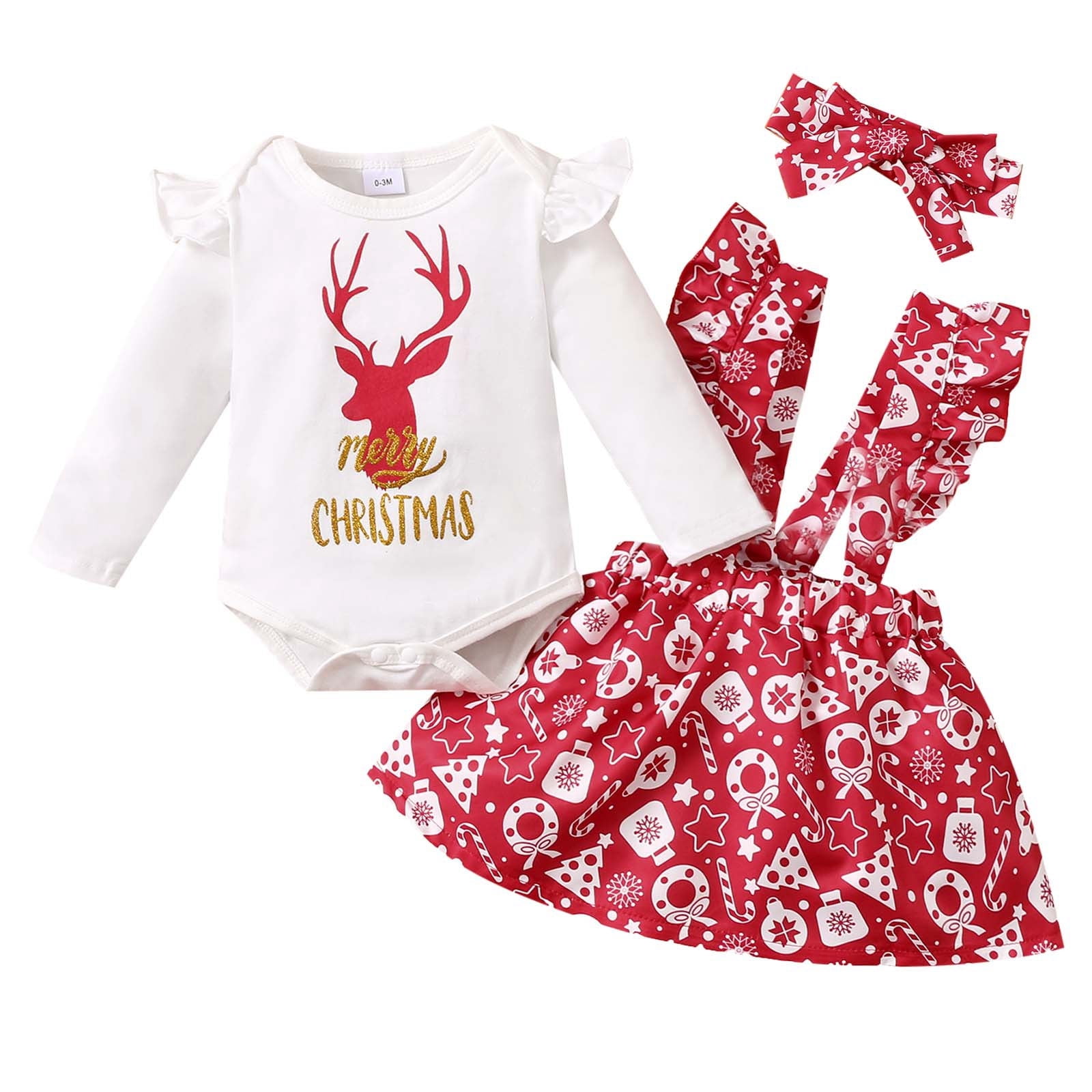 Newborn Outfit Kids Christmas Deer Head Printed Top Strap Skirt Cute