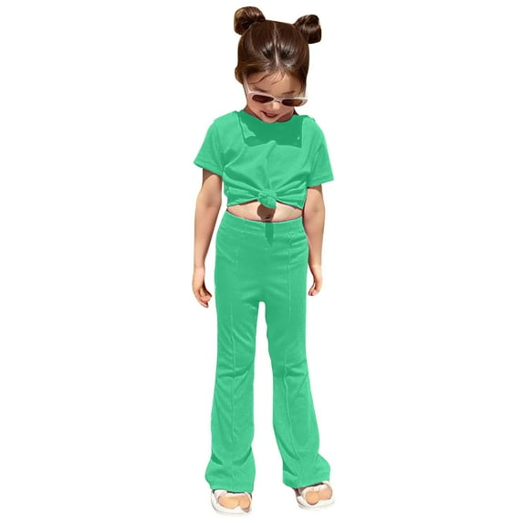 Outfits Baby Girl Baby Kids Girls Summer Solid Color Short Sleeve T Shirt with Long Pants 2 Piece Fashion Outfits Set Baby Outfits Green 2 Years-3 Years