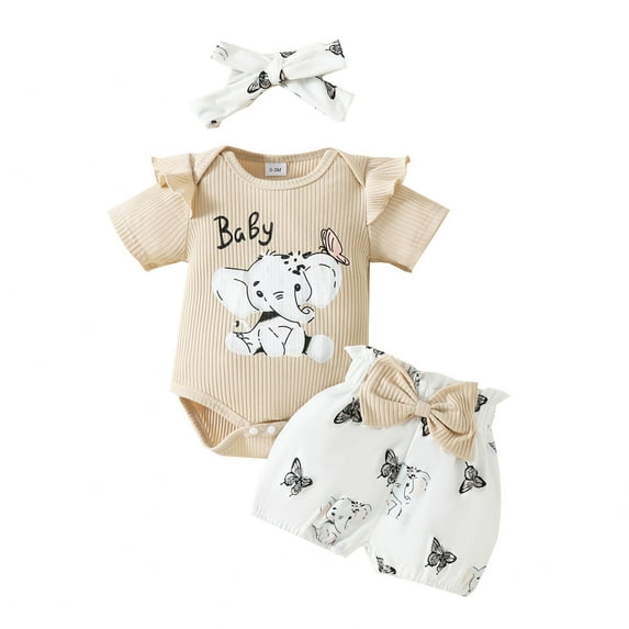 Baby Girl Outfits Short Sleeve Cartoon PrintsâPlayful Charmâ Bodysuit Shorts Outfits Baby Girl Clothes Beige 0 Months-3 Months