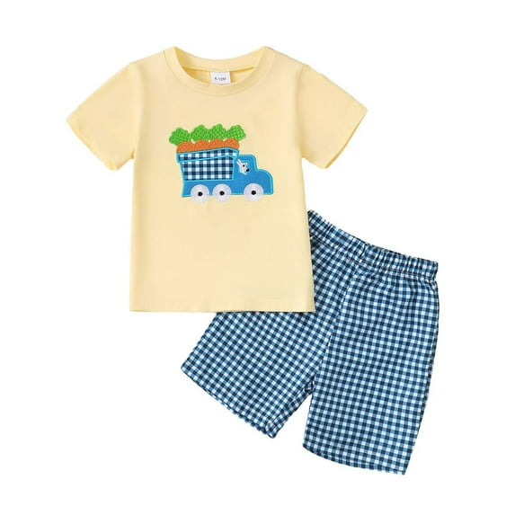 Outfits Baby Girl Kids Toddler Summer Easter Cartoon Bunny Carrot Embroidered T Shirt and Checkered Shorts 2 Piece Set Baby Outfits Yellow 6 Months-12 Months