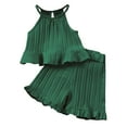 thumbnail image 1 of Outfits Baby Girl Off Shoulder Backless Sleeveless Top With Ruffle Shorts 2 Piece Cotton Beach Toddler Girl Clothes Green 3 Years-4 Years, 1 of 7