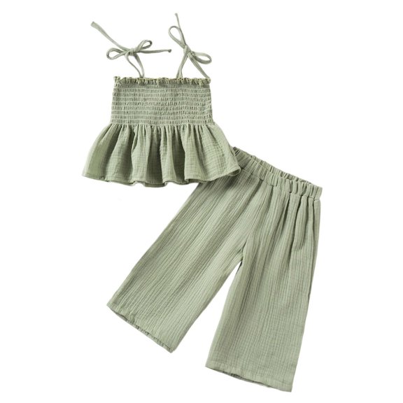 Outfits Baby Girl Summer Toddler Girl Camisole Outfit Linen Lace Smocked Sleeveless Tank Top and Pants 2 Piece Set Girls Outfits Green 6 Months-12 Months