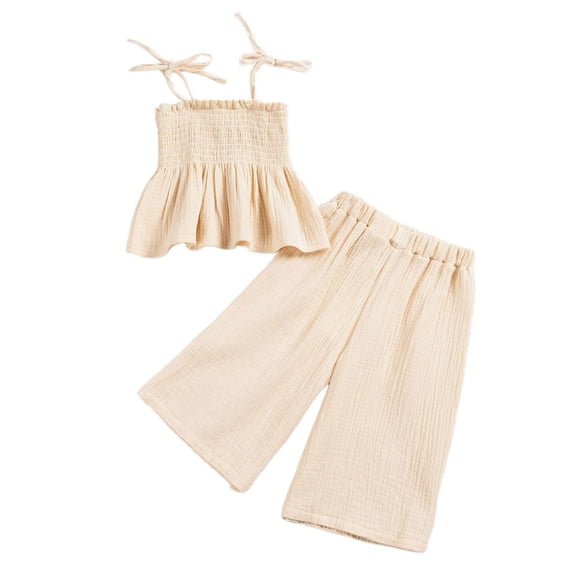 Outfits Baby Girl Summer Toddler Girl Camisole Outfit Linen Lace Smocked Sleeveless Tank Top and Pants 2 Piece Set Toddler Girl Outfit Beige 12 Months-18 Months