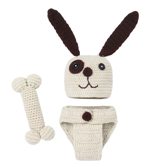 Newborn Photography Props Baby Boy Girl Easter Bunny Crochet Knitted Costume Rabbit Beanie Hat Set Diaper Accessory 0-3 Months Hat + Beige Dog Shorts + Bone