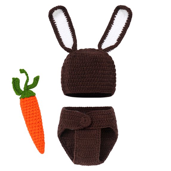 Newborn Photography Props Baby Boy Girl Easter Bunny Crochet Knitted Costume Rabbit Beanie Hat Set Diaper Accessory 0-3 Months Hat + Brown Shorts + Carrot