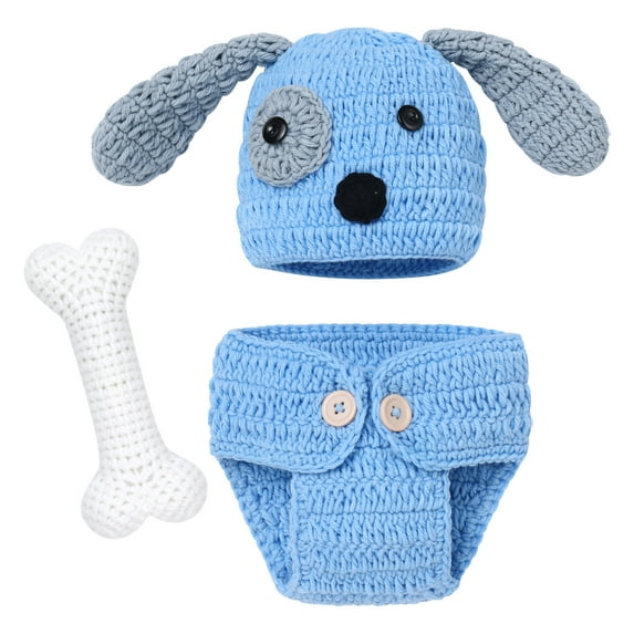 Newborn Photography Props Baby Boy Girl Easter Bunny Crochet Knitted Costume Rabbit Beanie Hat Set Diaper Accessory 0-3 Months Hat + Blue Dog Shorts + Bone