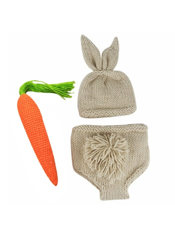 Newborn Photography Props Baby Boy Girl Easter Bunny Crochet Knitted Costume Rabbit Beanie Hat Set Diaper Accessory 0-3 Months Hat + Shorts + Carrot
