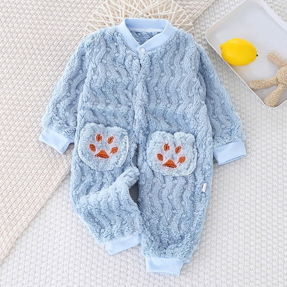 Newborn Plush Jumpsuit Infant Baby Girls Boys Button Front Long Sleeve Hoodie Romper Toddler Bodysuit Winter Clothes Blue 9-12 Months