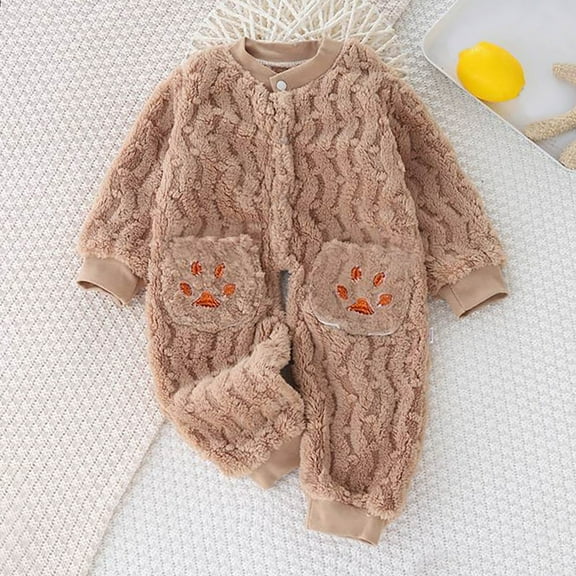 Newborn Plush Jumpsuit Infant Baby Girls Boys Button Front Long Sleeve Hoodie Romper Toddler Bodysuit Winter Clothes Coffee 12-18 Months