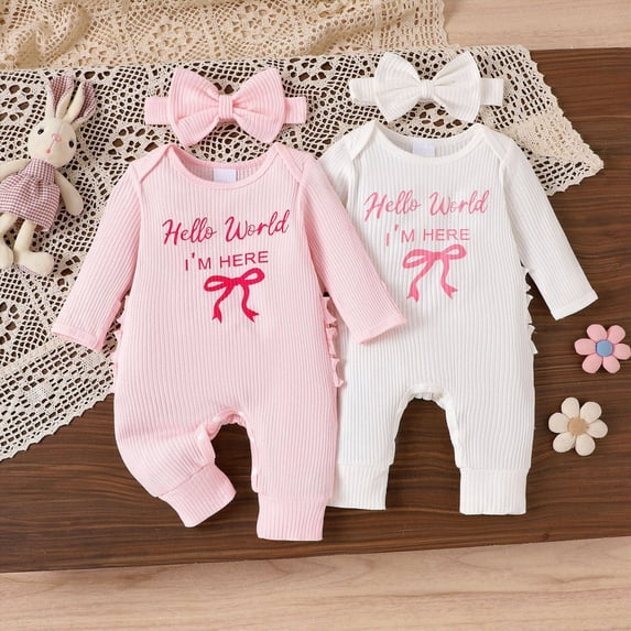 Newborn Preemie Baby Bodysuit Boy Girl Climbing Suit Baby Girl Outfit I'm Here Jumpsuit Long Sleeve Ruffle Knit Romper With Headband White Bodysuit Baby Gift
