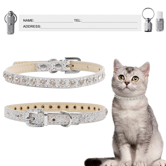 Newborn Rhinestone Cat Collars Adjustable Kitten Puppy Bling Collar PU Leather Glitter Crystal Diamond with 1 Id Tag,Sliver,Extra Small Size