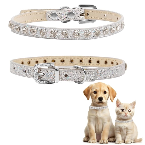 Newborn Brand Rhinestone Dog Collars for Small Medium Dogs,Pu Leather Bling Diamond Puppy Collar Crystal Sparkly Glitter Jewel,Sliver,s