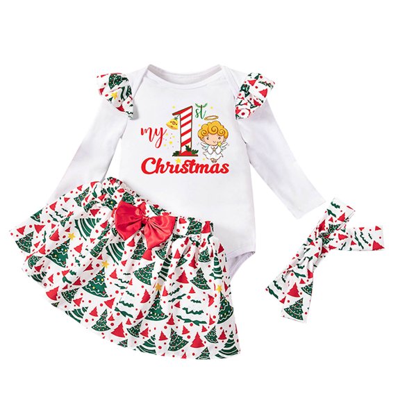 Newborn Romper Baby Girl Spring Autumn Christmas Deer Long Sleeve Jumpsuit Skirt Headband Three Piece Set Brick Red, 12-18 Months