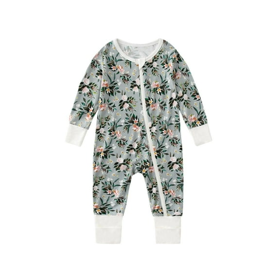 Newborn Romper Long Sleeve Zip up Round Neck Floral Print Soft Breathable Jumpsuit Toddler Clothes Green 66