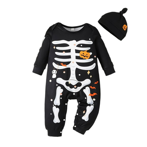 Newborn Skeleton Print Romper Jumpsuit With Detachable Hat Long Sleeve Halloween Boys Two Piece