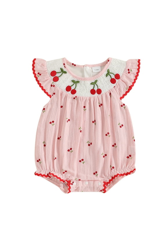 Newborn Smocked Baby Girl Bubble Romper Sleeveless Ruffle Linen  one-piece  Bodysuit Infant Cherry Fruit Summer Outfits