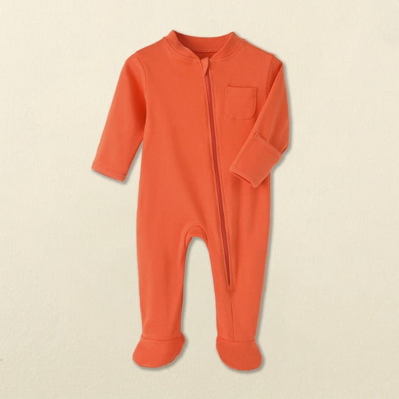 Newborn Solid Round Neck Long Sleeve Zipper Jumpsuit Footie Pajamas