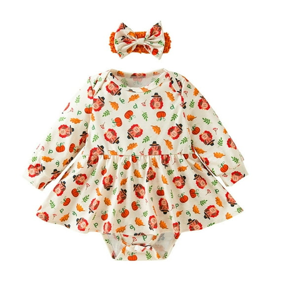 Newborn Thanksgiving Outfit Round Neck Long Sleeve Cute Print Unisex Soft Breathable Crawling Clothes White 12 Months
