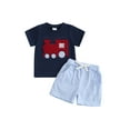 thumbnail image 1 of Newborn Toddler Baby Boy Summer Outfits Short Sleeve Bus/Train Embroidery T-Shirt + Shorts Set Toddler Clothes, 1 of 9