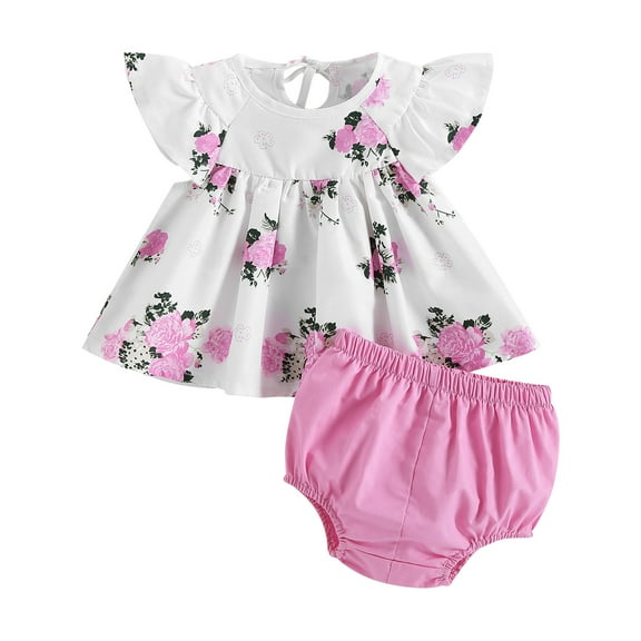 Newborn Toddler Baby Girls Summer Outfit 3M 6M 9M 12M 2Y Sets Short Sleeve Round Neck Floral Tops Match with Solid Color Shorts