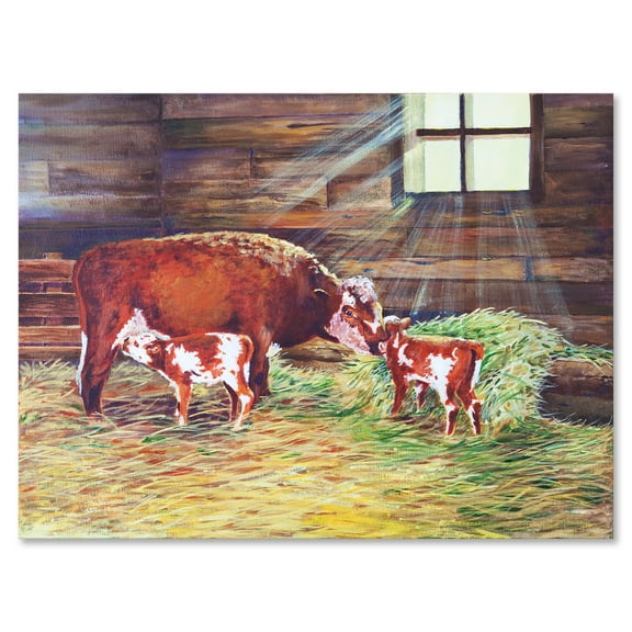 Newborn Twin Calves With Cow At The Farm 8 in x 12 in Painting Canvas Art Print, by Designart
