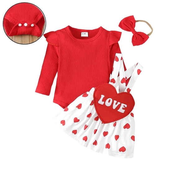 Valentines Outfit Girl Long Sleeve Heart Print Romper Bodysuit Suspender Skirts and Headband Set Cute Baby Girl Outfit Girl Outfits 0-3 Months