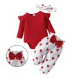 thumbnail image 1 of Valentines Outfit Girl Long Sleeve Heart Print Ruffle Romper Bodysuit Pants and Headband Set Cute Girl Outfits for 12-18 Months Old Girl, 1 of 8