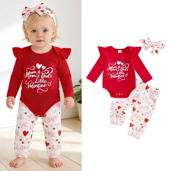Valentines Outfit Girl Long Sleeve Letter Print Ruffle Romper Bodysuit Pants and Headband Set Cute Baby Girl Clothes 6-12 Months Old Outfit Girl
