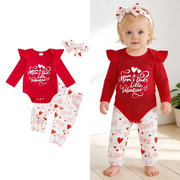 Valentines Outfit Girl Long Sleeve Letter Print Ruffle Romper Bodysuit Pants and Headband Set Cute Girl Outfits 12-18 Months Girls Outfits