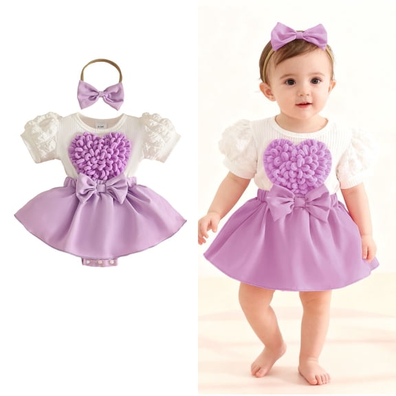 Valentines Outfit Girl Short Sleeve Heart Embroidery Romper Tutu Dress with Bow Headband Set Cute Baby Girl Clothes Baby Girl Outfits 12-18 Months