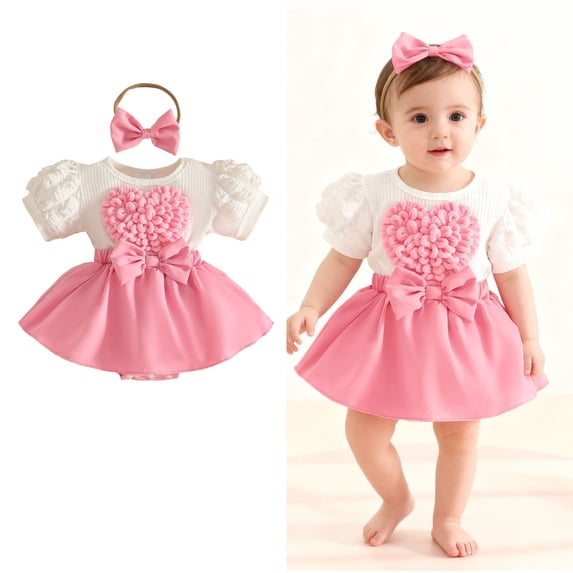 Valentine Outfit Baby Girl Short Sleeve Heart Embroidery Romper Tutu Dress with Bow Headband Set Cute Baby Girl Outfit 12-18 Months Girl Clothes