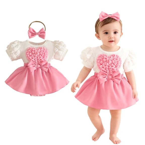 Valentines Outfit Girl Short Sleeve Heart Embroidery Romper Tutu Dress with Bow Headband Set Cute Baby Girl Clothes for 12-18 Months Old Girl