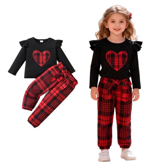 Valentines Outfit Girl Short Sleeve Plaid Ruffle Top and Pants Set Cute Baby Girl Clothes Baby Outfit 9-12 Months