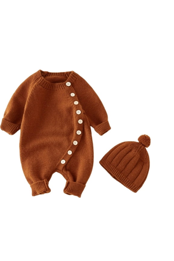 Newborn Warm Jumpsuit Girls Boys Knitted Suits Baby Long Sleeve One Piece Jumpsuits Sets Toddler Ribbed Button Outfit (Coffee 80)
