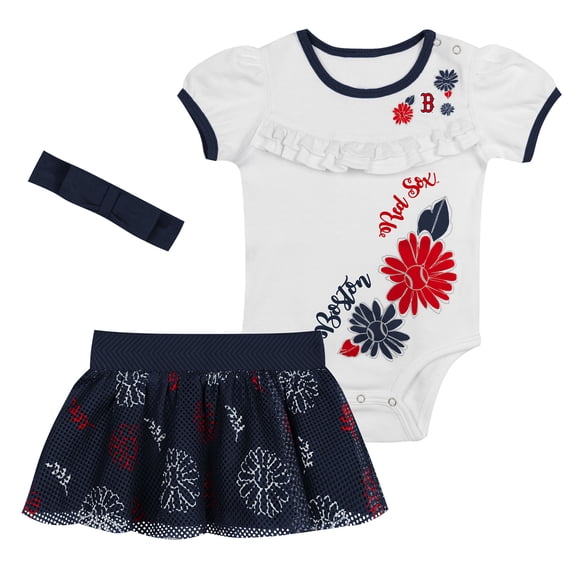 Newborn White/Navy Boston Red Sox Sweet Catcher 3-Piece Bodysuit, Headband and Skirt Set