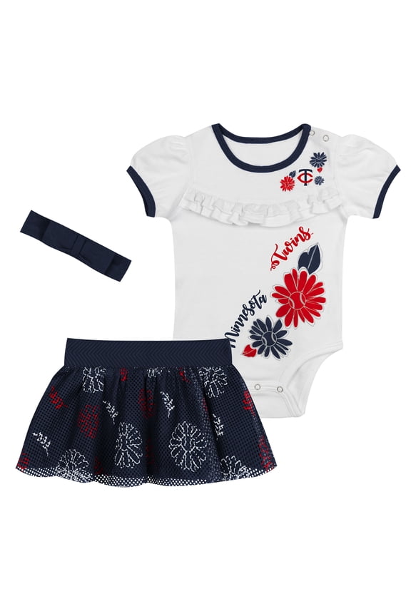 Newborn White/Navy Minnesota Twins Sweet Catcher 3-Piece Bodysuit, Headband and Skirt Set