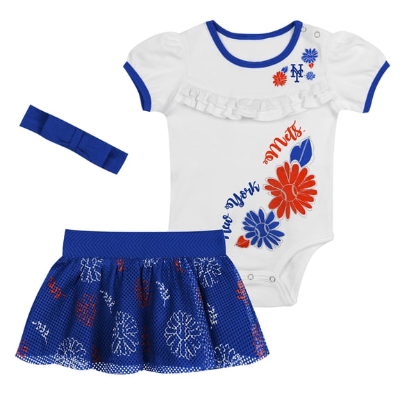 Newborn White/Royal New York Mets Sweet Catcher 3-Piece Bodysuit, Headband and Skirt Set