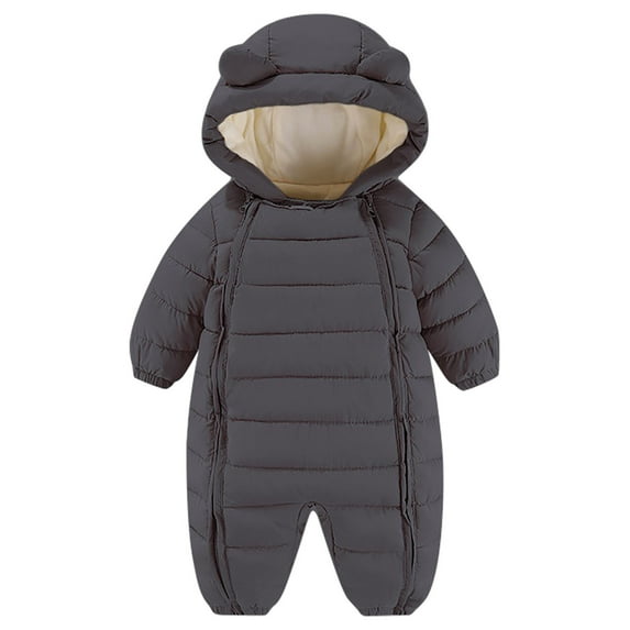 Newborn Winter Clothes Zip up Long Sleeve Solid Color Bear Ears Winter Thick Warm Jumpsuit Romper Black 70