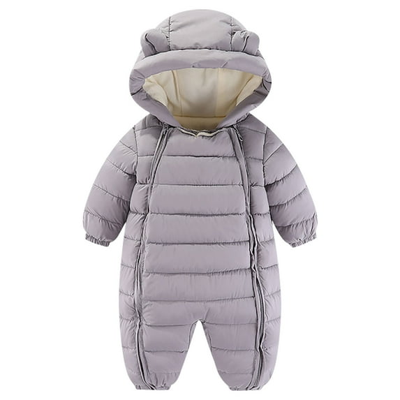 Newborn Winter Clothes Zip up Long Sleeve Solid Color Bear Ears Winter Thick Warm Jumpsuit Romper Dark Gray 70