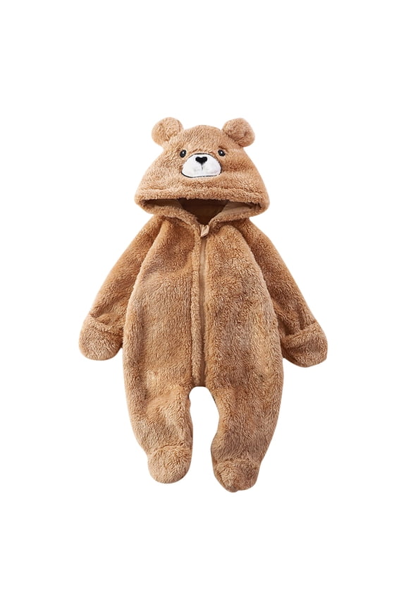 Newborn Winter Fleece Jumpsuit Bear Ear Hooded Romper Long Sleeve Zip up Onesies Unisex Footies Infant Clothes, Khaki, 6 Months