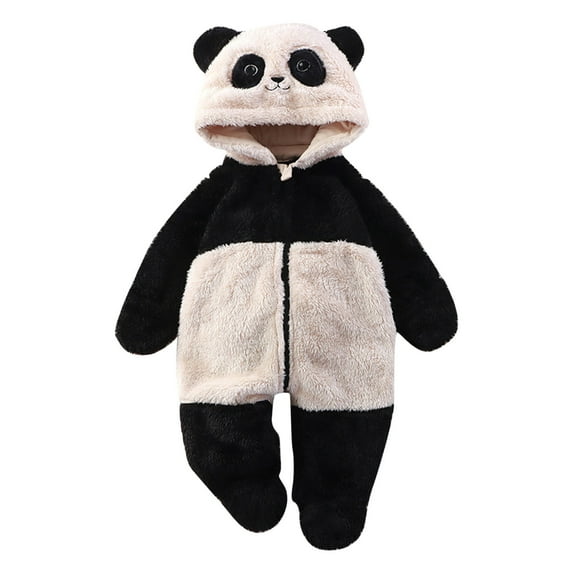 Newborn Winter Fleece Jumpsuit Panda Ear Hooded Romper Long Sleeve Zip up Onesies Unisex Footies Infant Clothes, Black, 6 Months