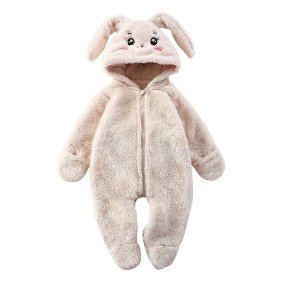 Newborn Winter Fleece Jumpsuit Rabbit Ear Hooded Romper Long Sleeve Zip up Onesies Unisex Footies Infant Clothes, Beige, 0 Months
