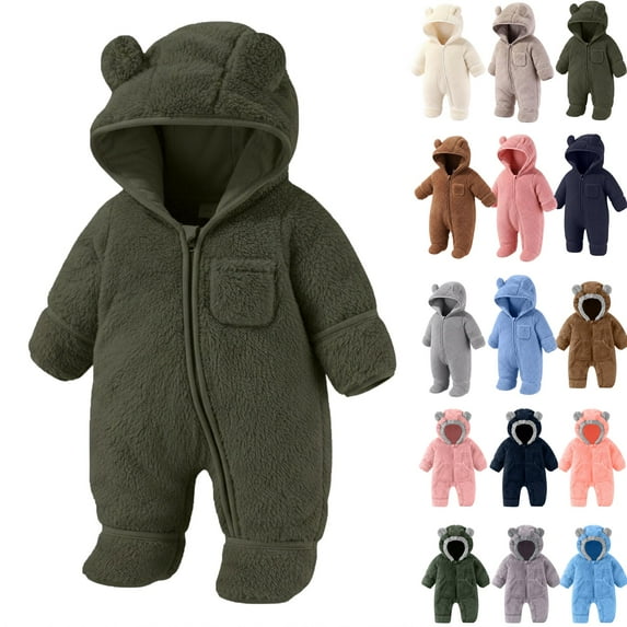 Newborn baby boy girl jacket winter clothes sweater outfit toddler puffer coat Newborn Baby Fleece Footie Snowsuit Winter Bunting Onesie Warm Hooded Romper Jumpsuit Outfits Army Green 9 Months