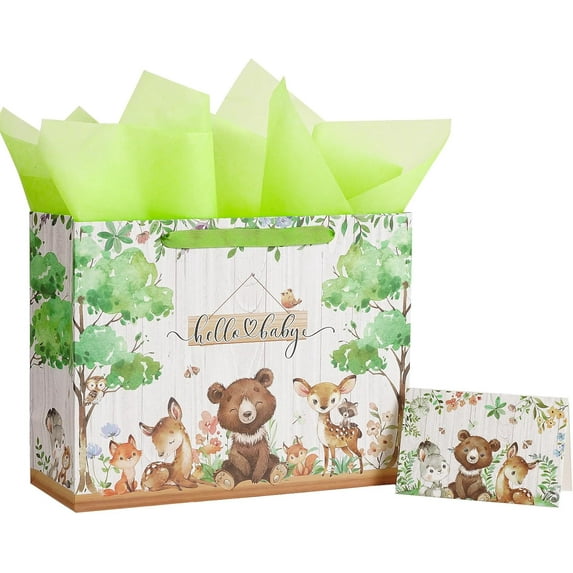 Newborn gift bag, suitable for newborn baby boys and girls, cute bear deer forest animal design, medium size bag comes with tissues, labels, and greeting card, suitable for baby baptism, size 13