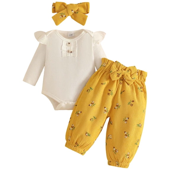 NewbornBaby Girls Clothes Outfit Ribbon Knit Ruffle Long Sleeve Romper and Pants Suit with Bow Headband 3 Piece Fall Winter Warm Clothing 6-9 Months